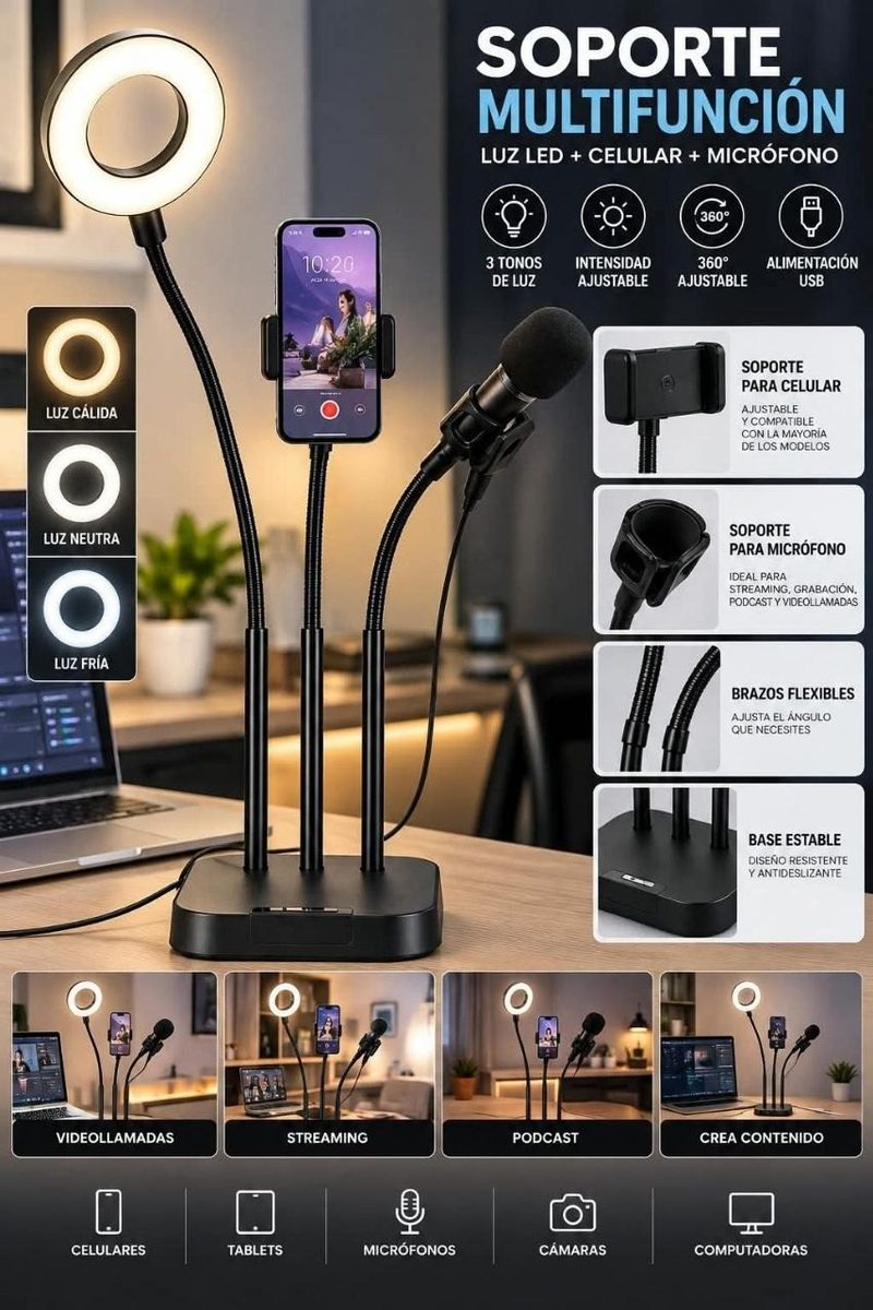 Aro de luz 3 en 1 con soporte