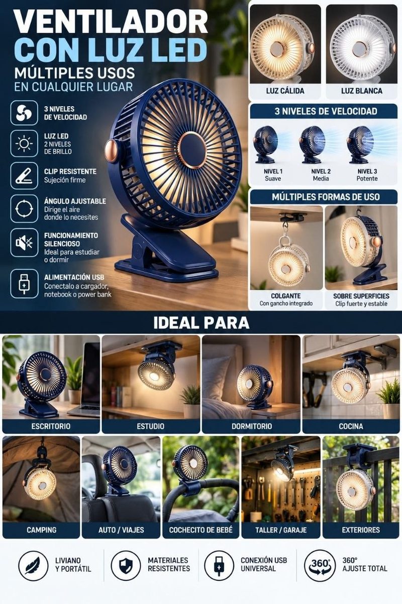 Ventilador clip con luz LED