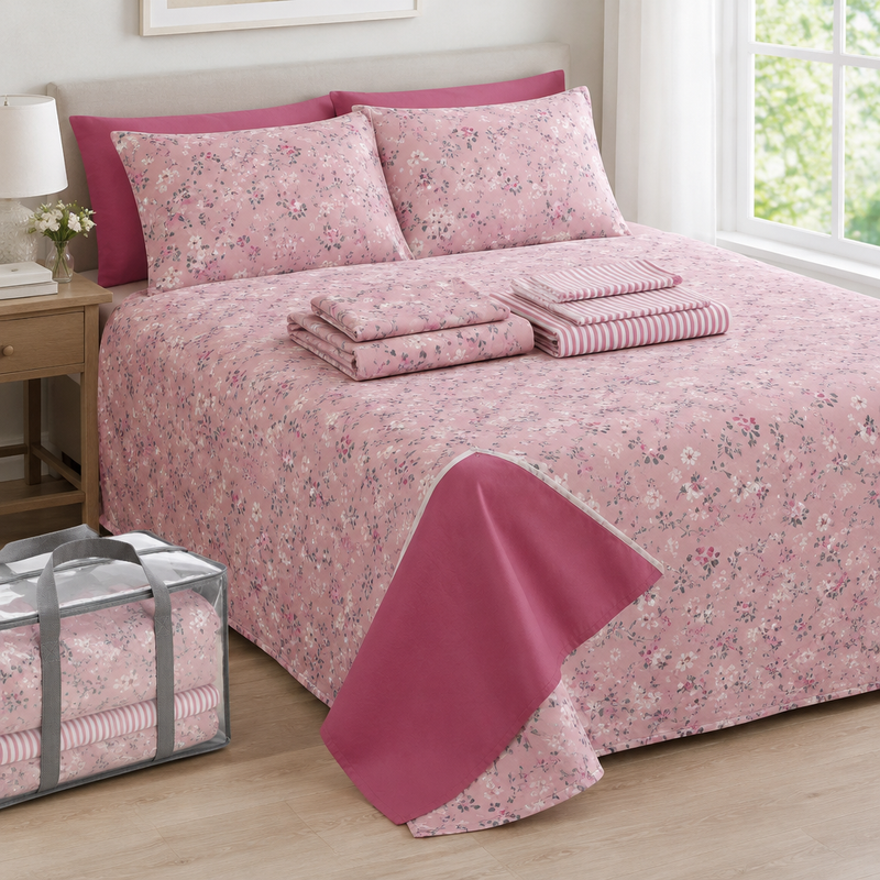 Set 9 piezas 2 plazas · cubrecama liso reversible + 2 juegos de sábanas