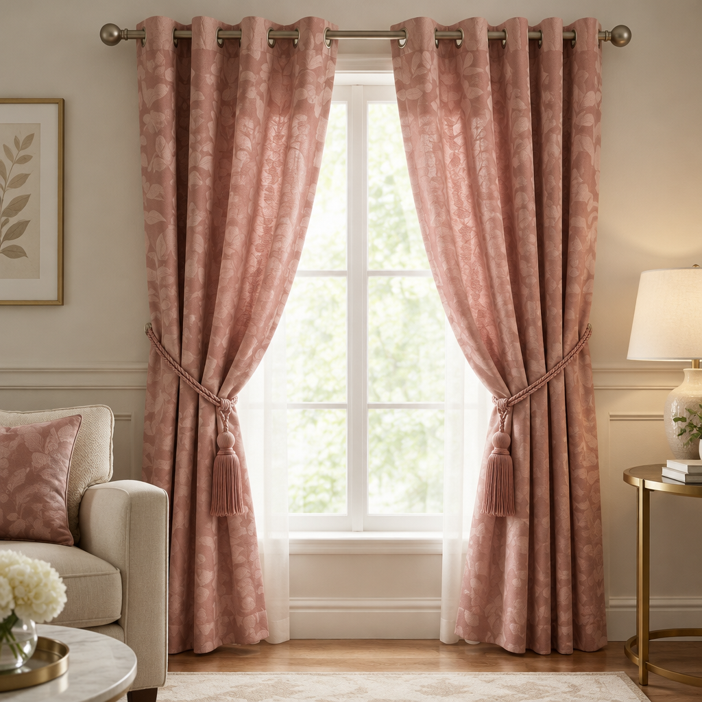 Cortina de tela jacquard con borlas